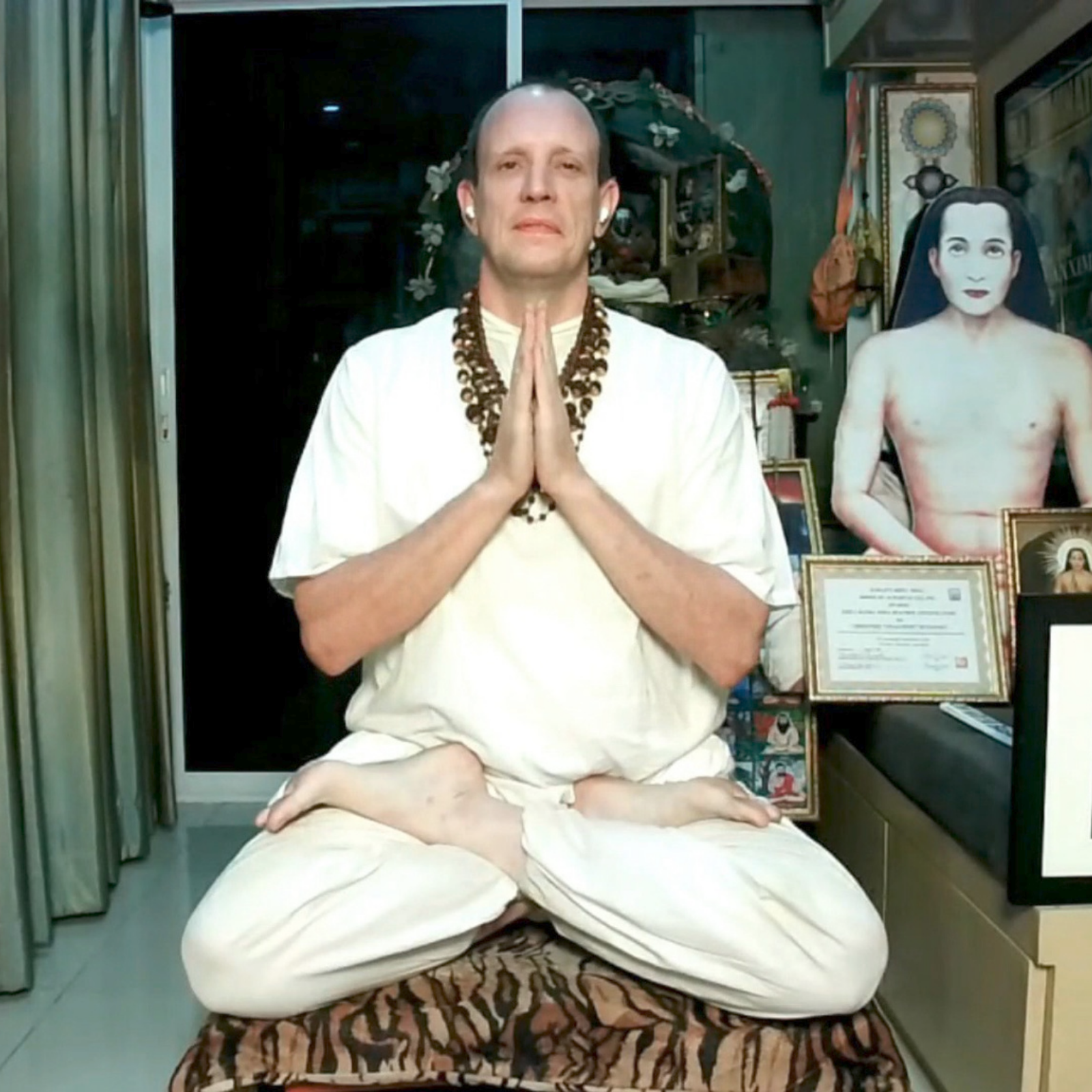 A photorealistic image of a person peacefully meditating, bathed in soft golden light. Floating above them, translucent text reveals snippets of inspiring quotes related to Kriya Yoga. The background could be a softly blurred image of a tranquil nature scene, like a mountain range or forest. Focus on high resolution and a sense of inner peace.