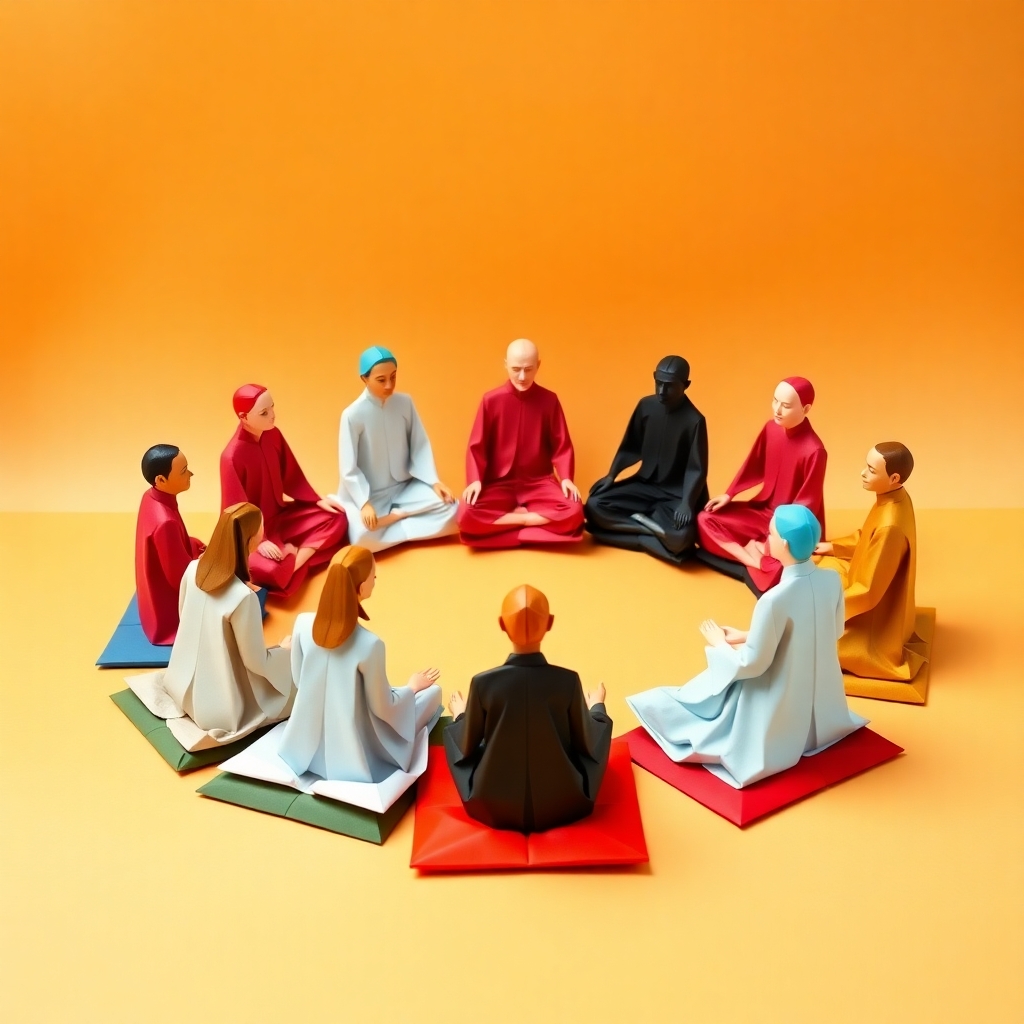 A photorealistic image of a diverse group of people of different ages and ethnicities, smiling warmly and engaged in a yoga class or meditation session together. The setting should be a bright, airy studio, radiating a feeling of openness and inclusion. High resolution is a must, aiming for a sense of warmth, unity, and connection.